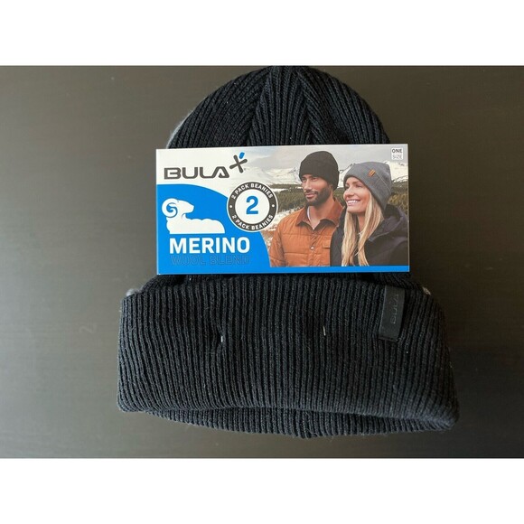 BULA Merino Wool Blend 2 Pack Beenie. Gray And Black New‎ One Size Unisex - Picture 2 of 3